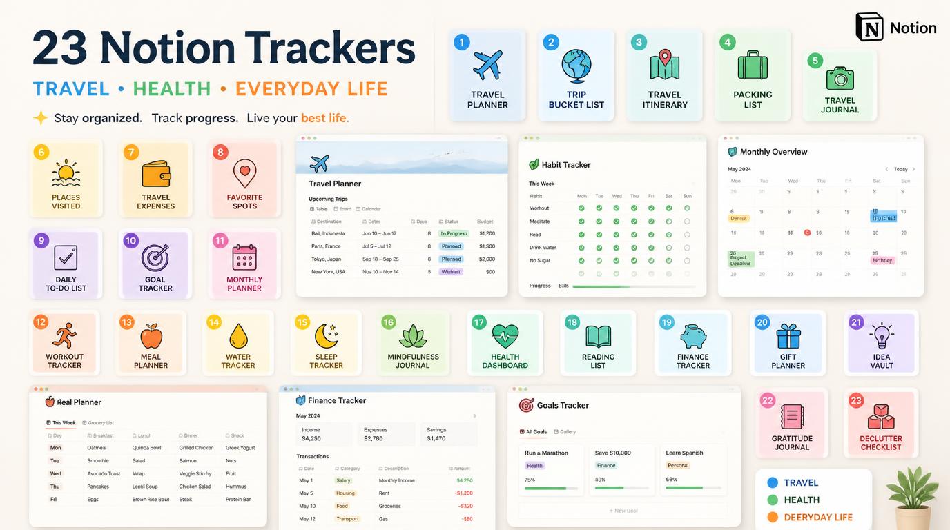23 Notion Trackers for Travel, Health & Everyday Life