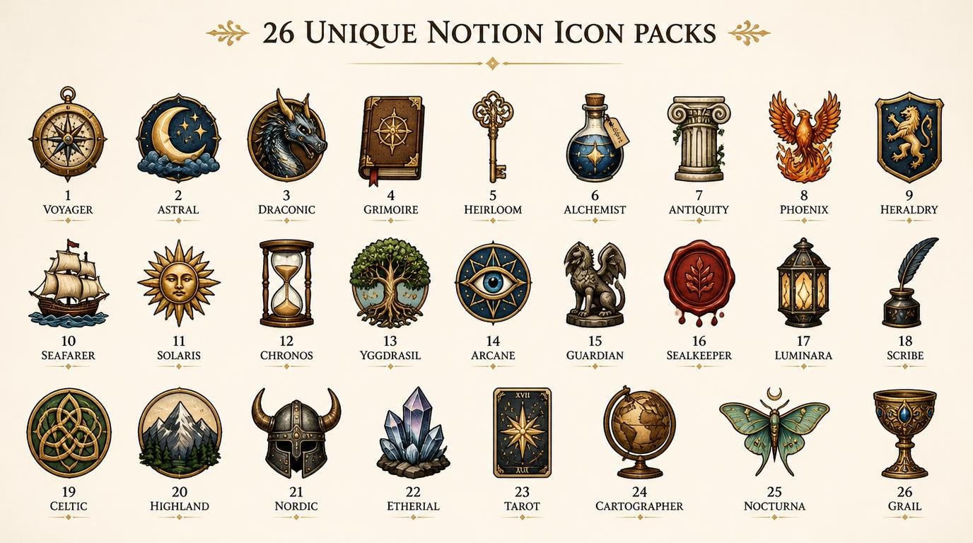 26 Vintage & Fantasy Themed Notion Icon Packs